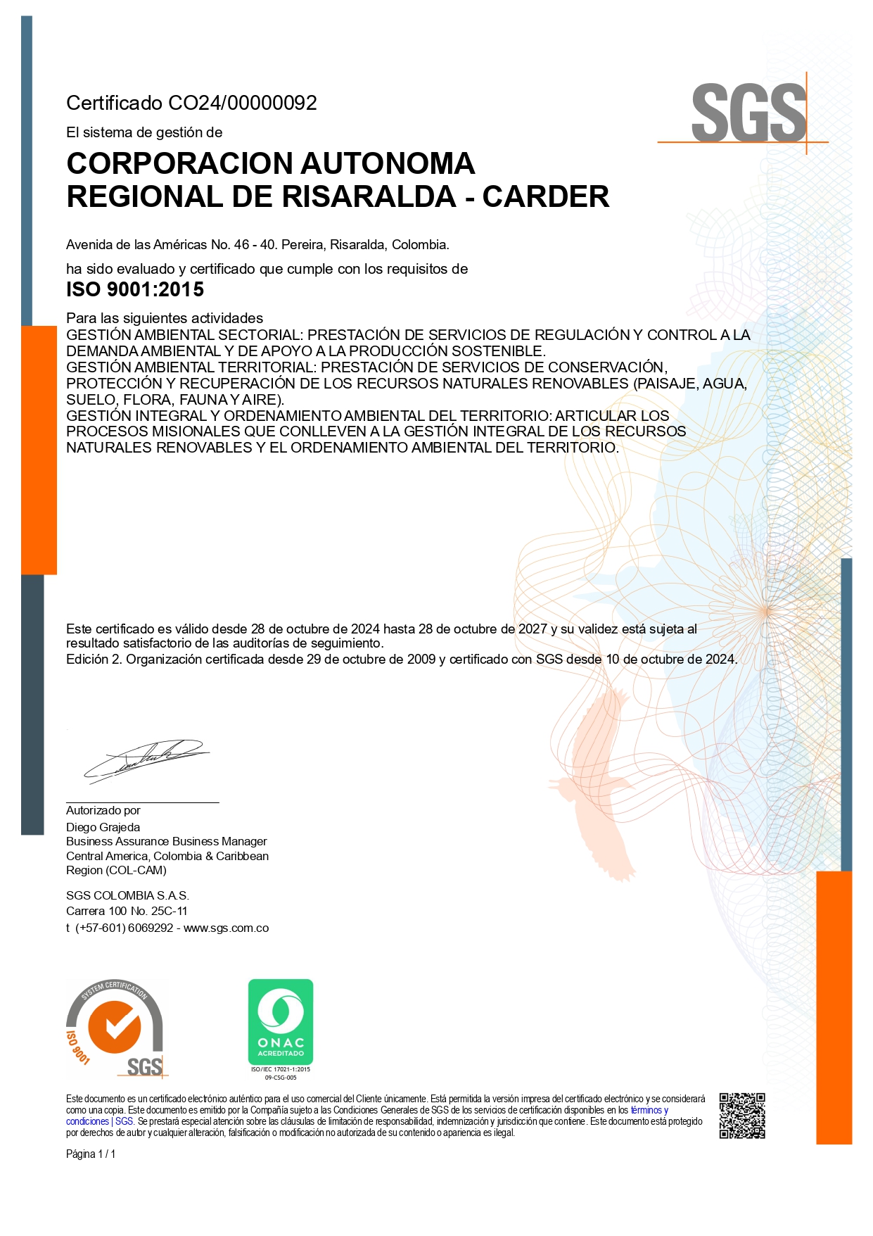 certificado ISO 9001:2015 SGS COLOMBIA